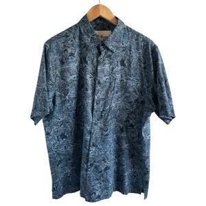 Vintage Silk Mens Button Up Shirt Short Sleeve 100% Silk Size L Blue Floral